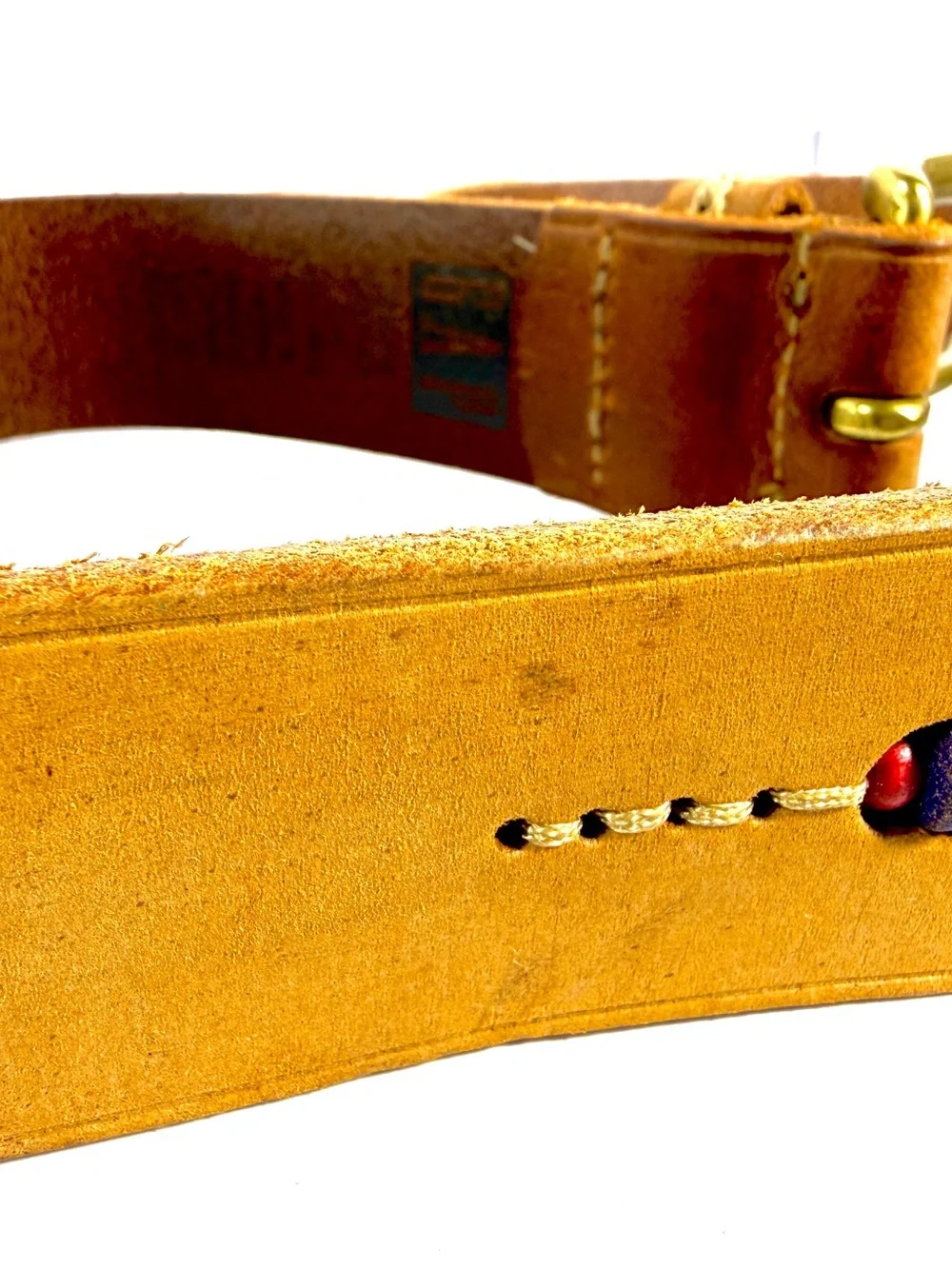 Womens Tan Leather Belt with Color Beading Inlay and Brass Buckle 32”